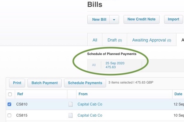 Schedule of Planned Payments in Xero