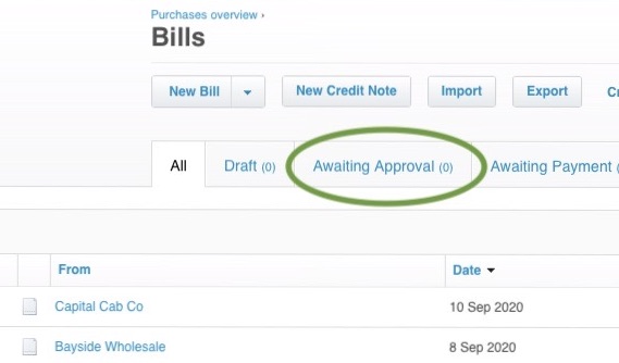 Bills awaiting Approval in Xero